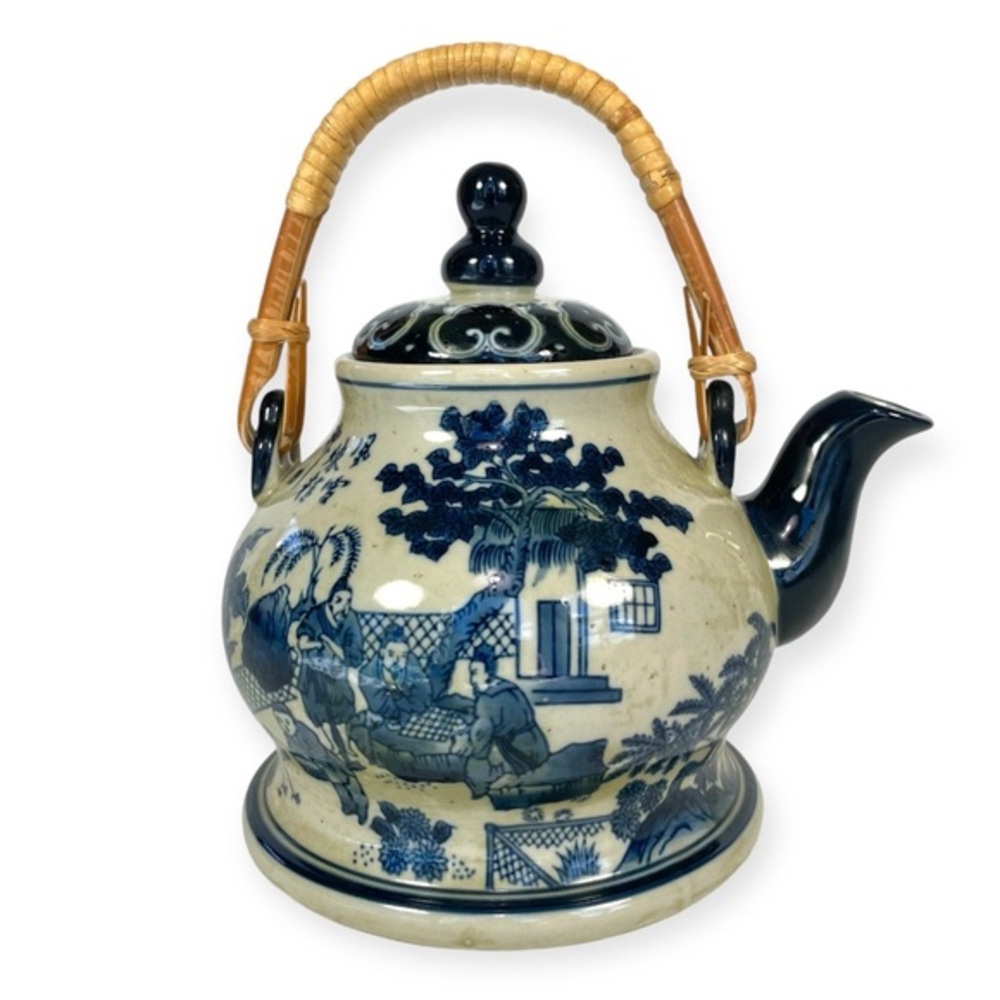 Vintage Blue White Asian Teapot Bamboo Handle Chinese Stoneware Tea Pot